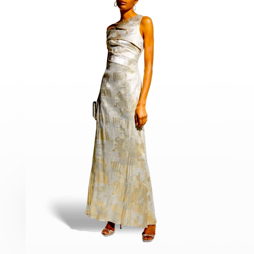 Aidan Matrix Gold Metallic Jacquard One-Shoulder Dress Size 2